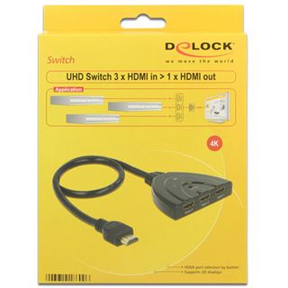 Delock Switch HDMI 3 in > 1 out HDMI 4K UHD mit Kabel 50 cm