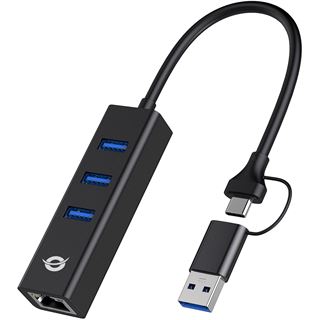 Conceptronic Adapter USB3.0-> RJ45,3xUSB3.0,TypC Ad 0.15m sw