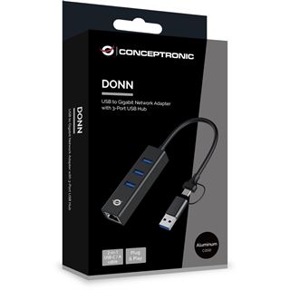 Conceptronic Adapter USB3.0-> RJ45,3xUSB3.0,TypC Ad 0.15m sw