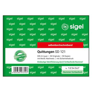 SIGEL Quittung mit MwSt. separat ausgewiesen, mit fortlaufenden