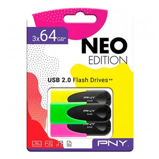64GB PNY 3 USB-Sticks NEO Edition gelb, gr&uuml;n, pink