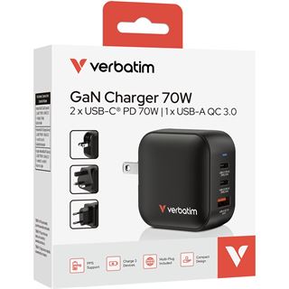 Verbatim Mini GaN Charger 70W 2xUSB-C PD, 1xUSB-A QC 3.0