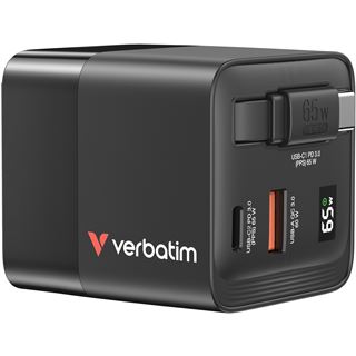 Verbatim Gan Charger 65W 2xUSB-C PD,1xUSB-A, retrac. Cable 32217