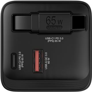 Verbatim Gan Charger 65W 2xUSB-C PD,1xUSB-A, retrac. Cable 32217