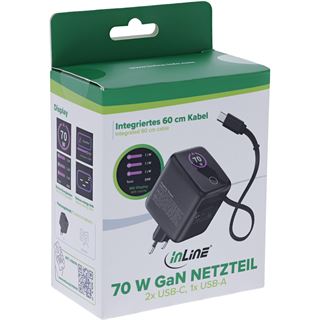 InLine USB Netzteil, 70W, GaN, USB-C PD + USB-A QC, Kabel 60cm,
