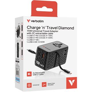 VERBATIM CHARGE 'N' TRAVEL 70W 2C RETRACTABLE UNIVERSAL