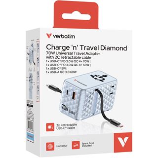 VERBATIM CHARGE 'N' TRAVEL 70W 2C RETRACTABLE UNIVERSAL