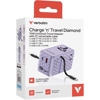 VERBATIM CHARGE 'N' TRAVEL 70W 2C RETRACTABLE UNIVERSAL