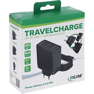 InLine TravelCharge USB-C Netzteil 140W, GaN, festes Kabel, EU/UK/US,