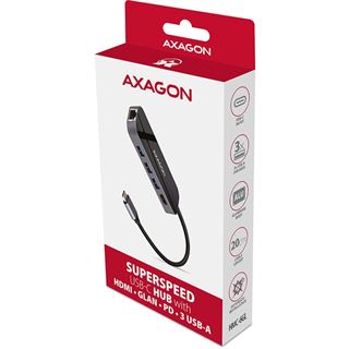 AXAGON HMC-6GL USB-Hub, 3x USB-3.0, 1x RJ-45, 1x HDMI