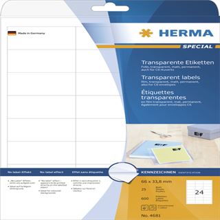 Herma 4681 Folie Transparent-Etiketten 6.6x3.38 cm (25 Blatt (600